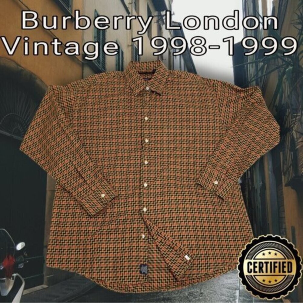 Burberry 1998-99 Vintage London Black-Tan-Red Zig-Zag oversized Button Down XL